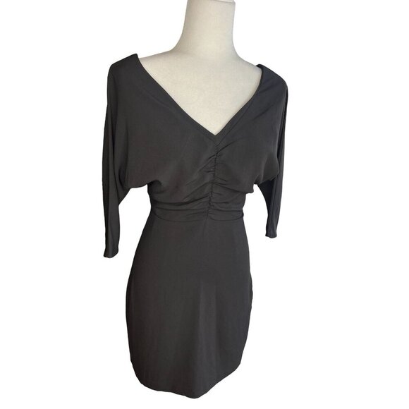 Womens Elegant Black V-Neck Dress With 3/4 Sleeves & Ruched By Guess Size S - Picture 1 of 6